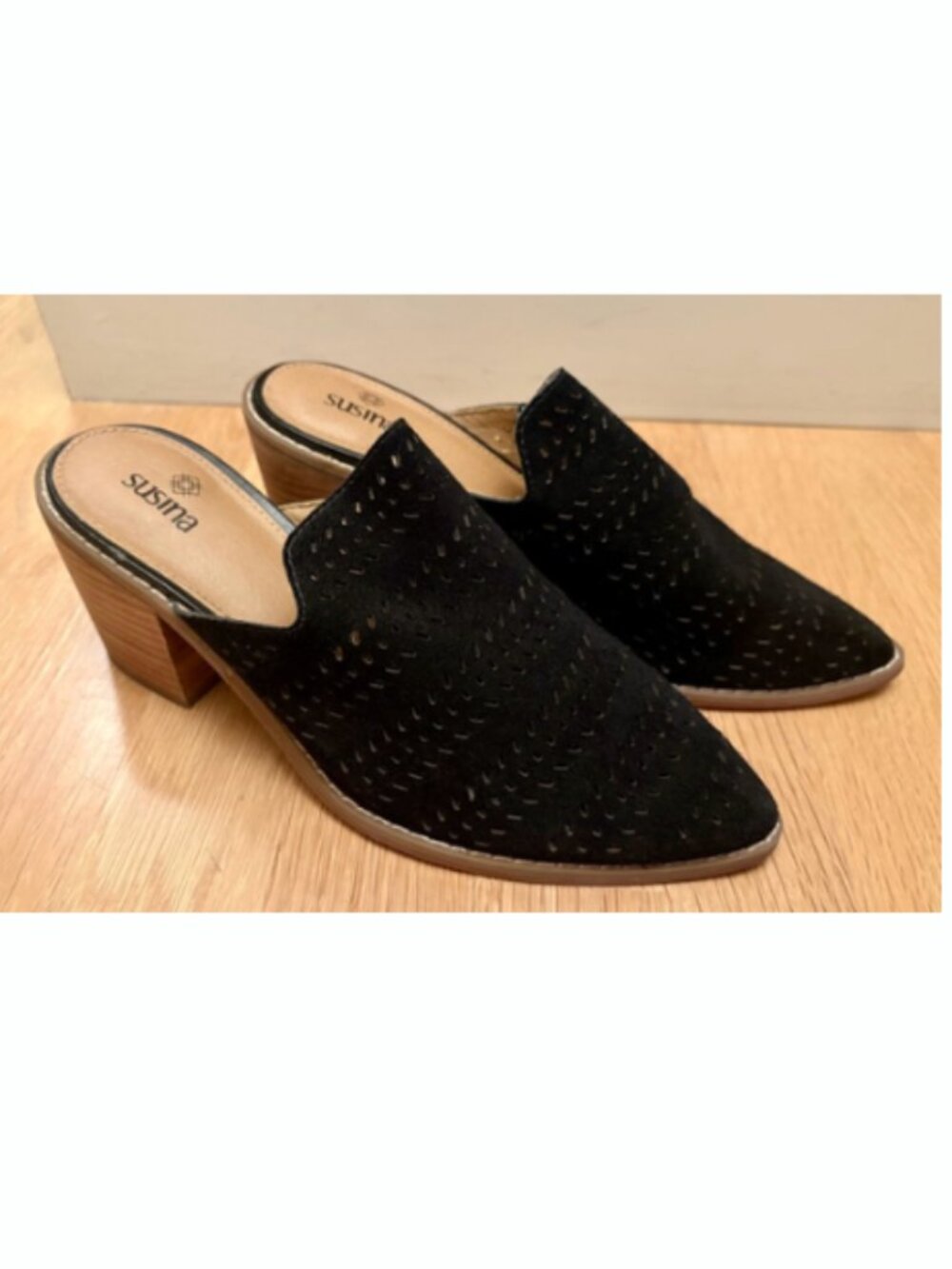 Black Suede Laser Cut Mules - size 7